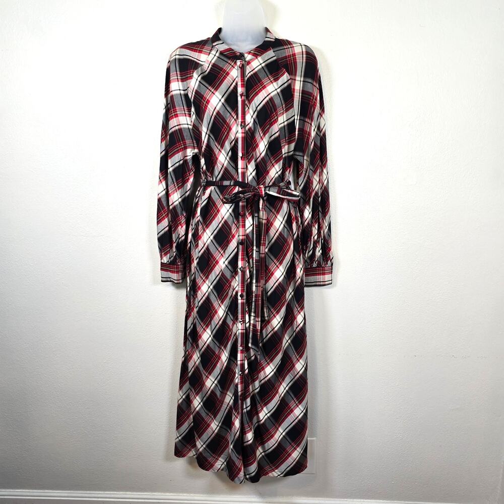 H&M Plaid Midi Shirt Dress Women's 10 Red Black Tan Belted Classic Preppy Autumn